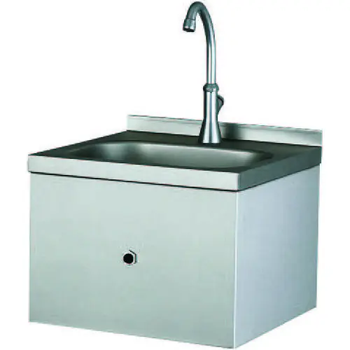 Top-Preis CNS-Handwaschbecken, Werkstoff-Nr. 1.4301, komplett mit Vormischer für Warm- und Kaltwasser sowie Zeitventil mit Kniebedienung, mit Standauslauf, 500 x 300 x 150 mm Innenmaß, 560 x 450 x 300 mm Außenmaß